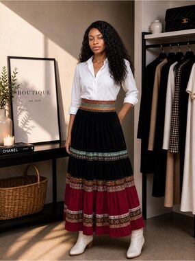 Roja Black Tiered Maxi Skirt with Embellished Details S